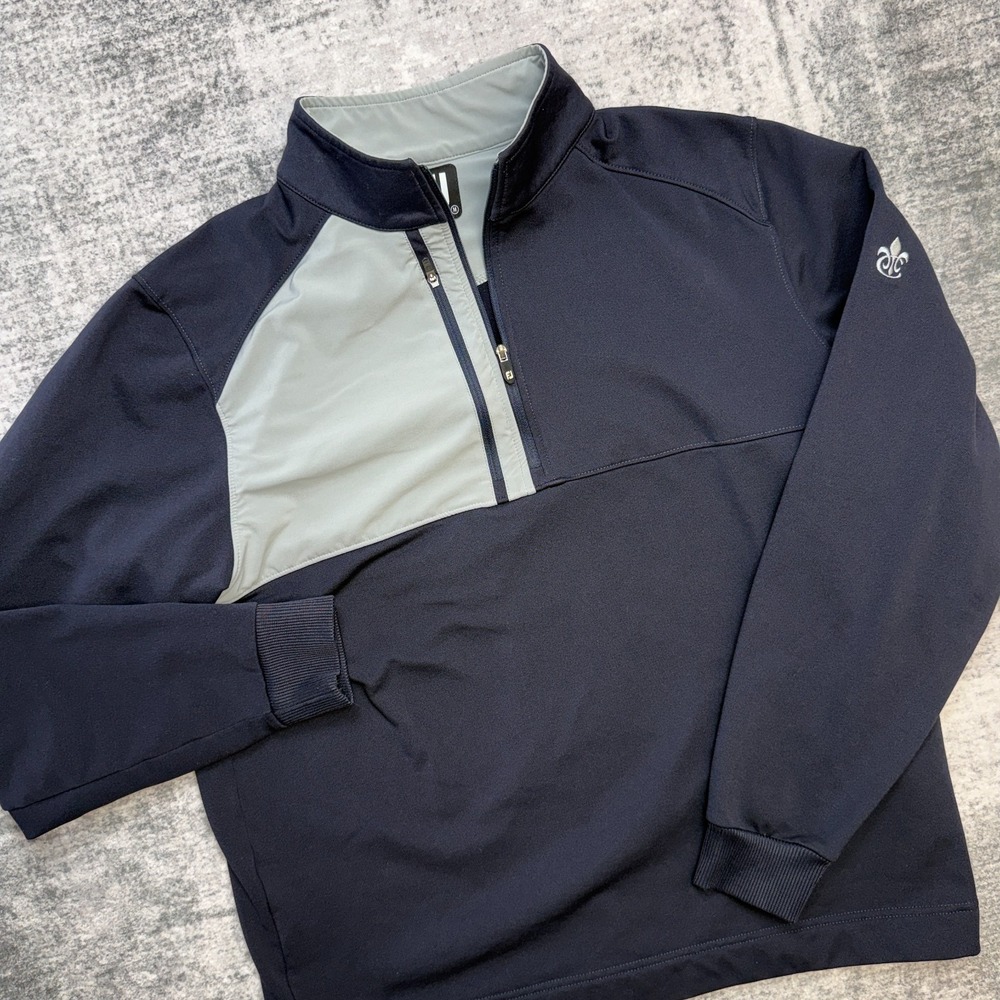 FootJoy Sweater Mens Medium 1/4 Zip Pullover Golf Navy Blue Pique Knit Fleece - Picture 2 of 10